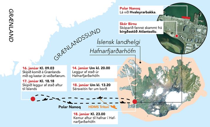 Á kortinu má sjá ferðir Polar Nanoq frá því það leggur úr höfn á laugardagskvöld og þar til það kemur aftur til Hafnarfjarðar á miðvikudagskvöld.