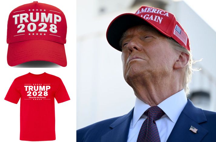 Derhúfan og stuttermabolurinn sem eru komin á sölu hjá Trump og svo hin klassíska MAGA-derhúfa á kolli forsetans.