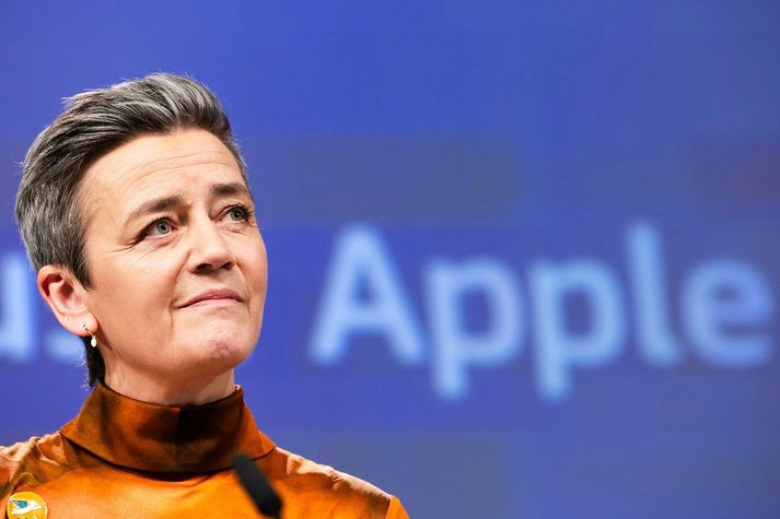 Margrethe Vestager, aðstoðarforseti framkvæmdastjórnar ESB á blaðamannafundi í dag.