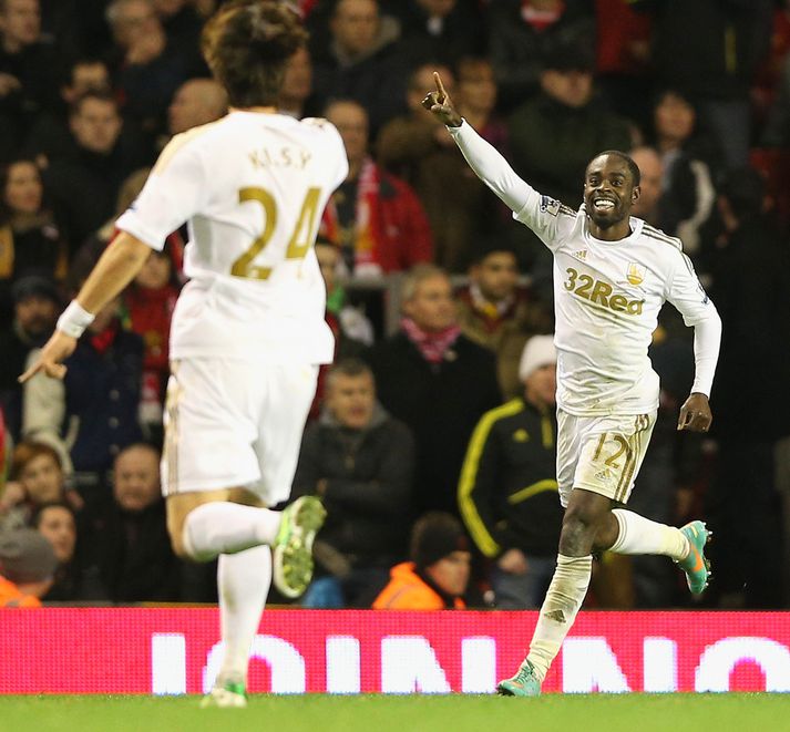 Nathan Dyer fagnar marki sínu í kvöld.
