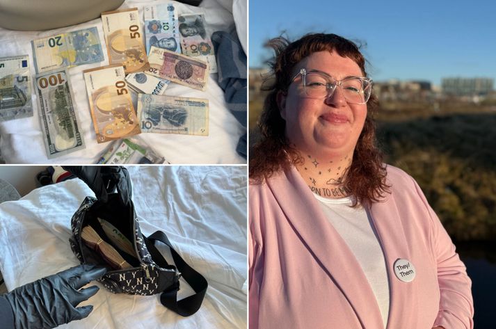 Lögregla lagði hald á 14 þúsund evra en á myndum frá lögreglu af vettvangi má sjá alls konar gjaldmiðla; íslenska, kínverska og bandaríska meðal annars.