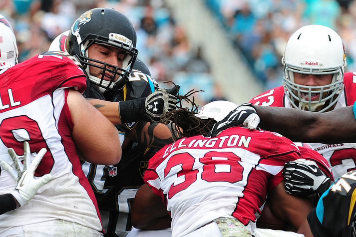 Jason Babin sést hér grípa í rastafléttur Andre Ellington,