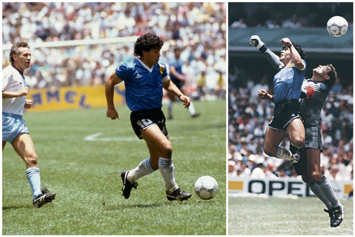 Diego Armando Maradona skoraði tvö af umtöluðustu mörkum HM-sögunnar í leiknum á móti Englandi í átta liða úrslitum HM í Mexíkó 1986 en þá unnu Argentínumenn Englendinga í bláu búningunum sínum.