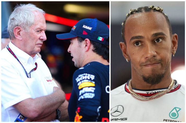 Helmut Marko ræðir við Sergio Perez, keppinaut Lewis Hamilton innan brautar í Formúlu 1 