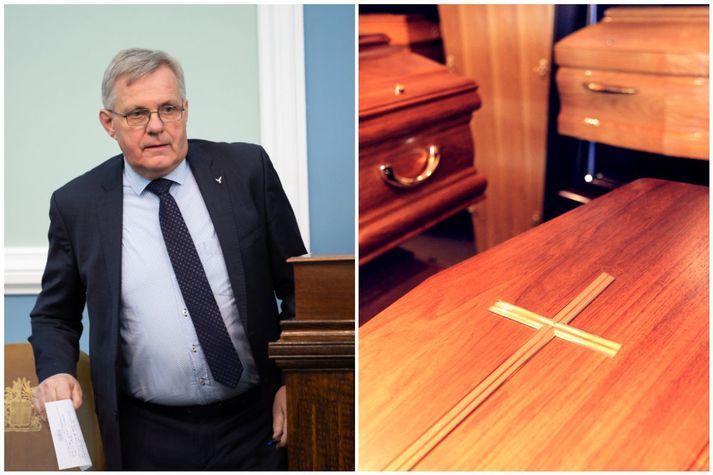 Jón Gunnarsson, dómsmálaráðherra, á og rekur fyrirtækið Mar textil sem flytur inn og selur líkkistur.
