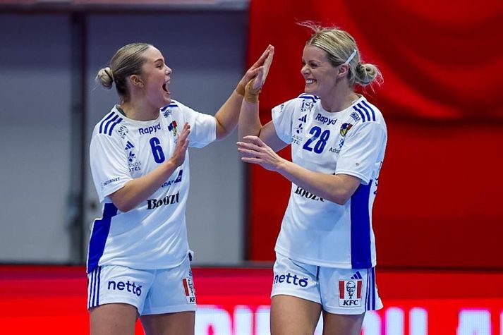 Þórey Anna Ásgeirsdóttir og Steinunn Björnsdóttir glaðar í bragði. Sú síðarnefnda lék sinn síðasta landsleik í gær.