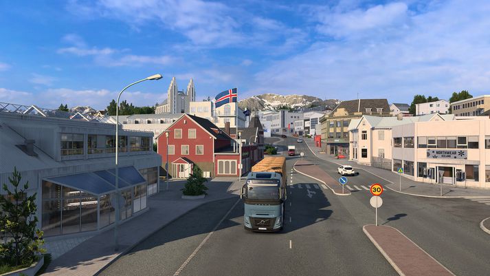 Litið upp Kaupvangsstræti á stafrænt endurgerðri Akureyri.