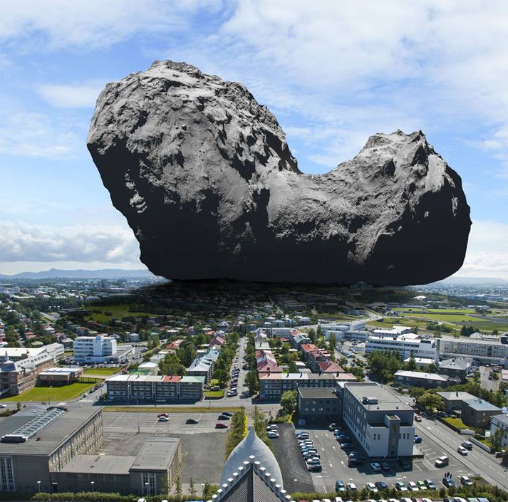 Halastjarnan 67P/Churyumov-Gerasimenko í Kópavogi. Ef vel er að gáð má sjá Perluna til samanburðar undir halastjörnunni.