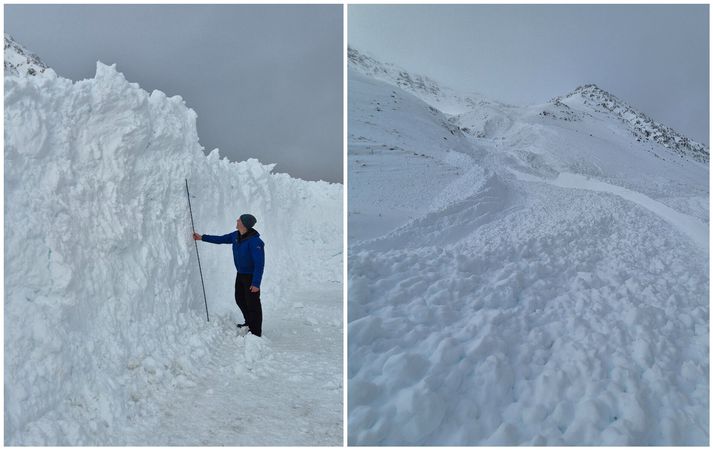 Snjóflóðið leysti rosalegan kraft úr læðingi en hér má sjá Gest Hansson ofanflóðasérfræðing við mælingar.