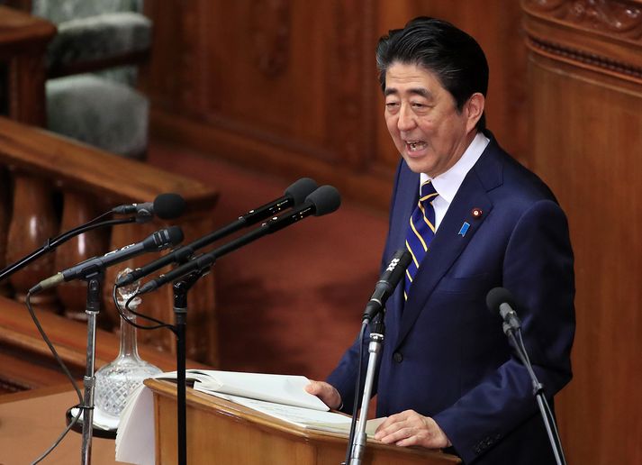Shinzo Abe, forsætisráðherra Japans, hélt tölu á japanska þinginu í dag.