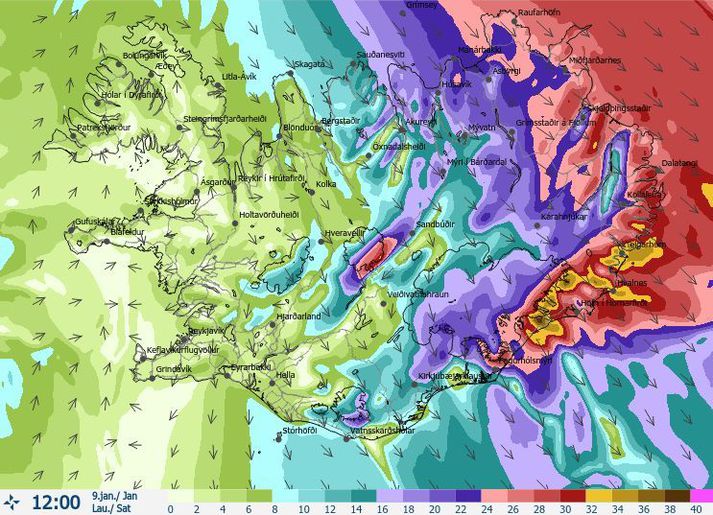 Vindaspákort Veðurstofunnar fyrir klukkan tólf á hádegi á morgun.