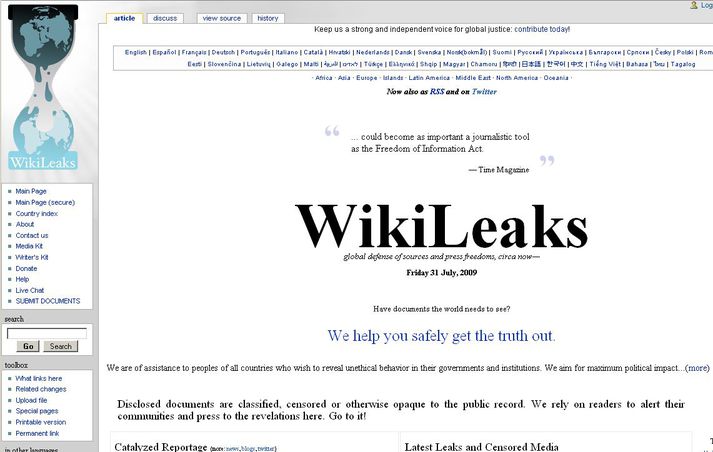 Forsíða vefsetursins WikiLeaks.org.