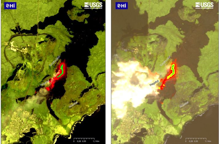 Gervitunglamyndir teknar 30. mars, til vinstri, og 29. mars, til hægri, sýna mjög ólíka virkni. 