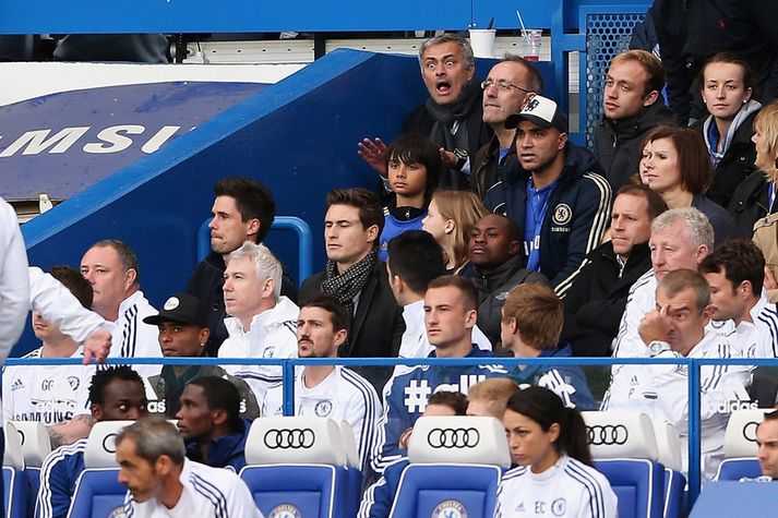 Jose Mourinho upp í stúku um helgina.