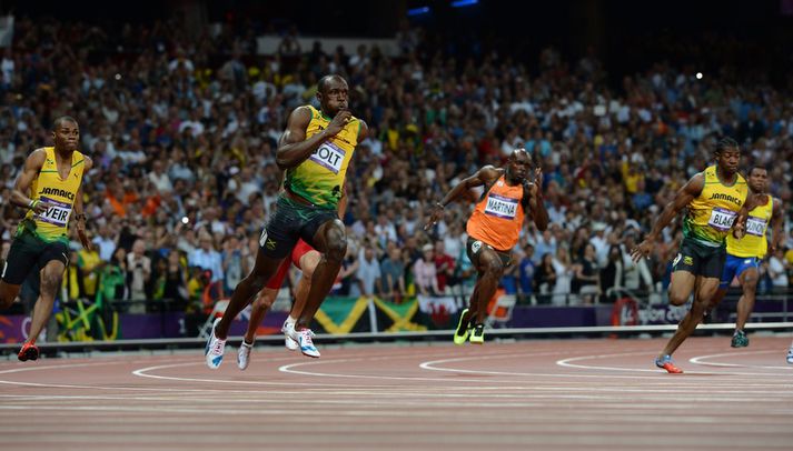 Usain Bolt sést hér í úrslitahlaupinu í kvöld.