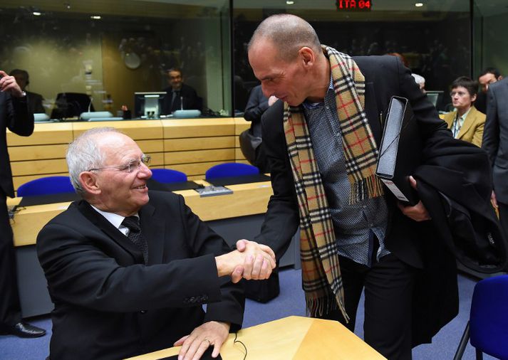 Fjármálaráðherrar Þýskalands og Grikklands, þeir Wolfgang Schäuble og Yanis Varoufakis, ræðast við.