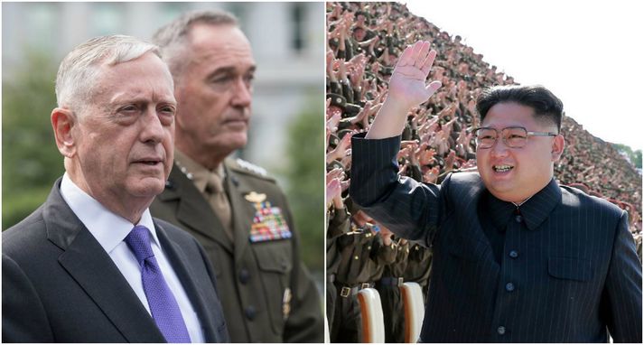 James Mattis varnarmálaráðherra Bandaríkjanna ræddi við blaðamenn fyrir utan Hvíta húsið í dag vegna nýjustu vopnatilraunar Norður-Kóreu.