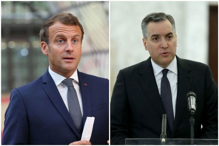 Emmanuel Macron Frakklandsforseti og Mustapha Adib, sem tilnefndur hefur verið til embættis forsætisráðherra Líbanon.