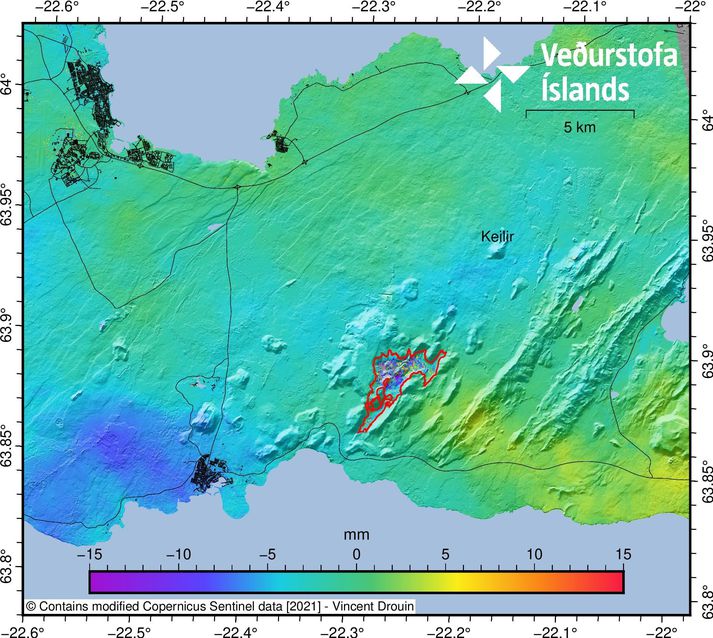 Sentinel-1 mynd af svæðinu í kringum Keili og breytingar frá 23. september til 5. október 2021. Engar breytingar á jarðskorpunni koma fram.