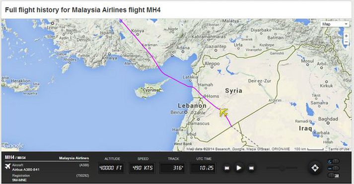 Hér má sjá flugleið vélarinnar MH4