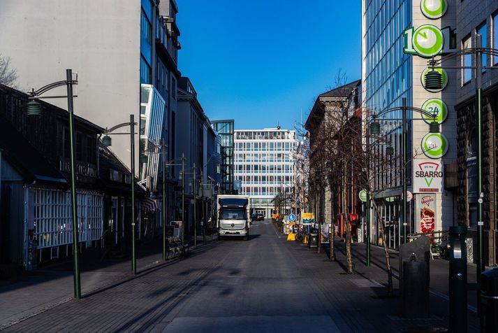 Austurstræti í Reykjavík á tímum samkomubanns.