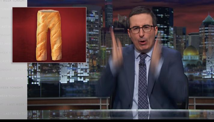 Grínistinn John Oliver skilur ekki af hverju ekki er búið að framleiða brauðbuxur.