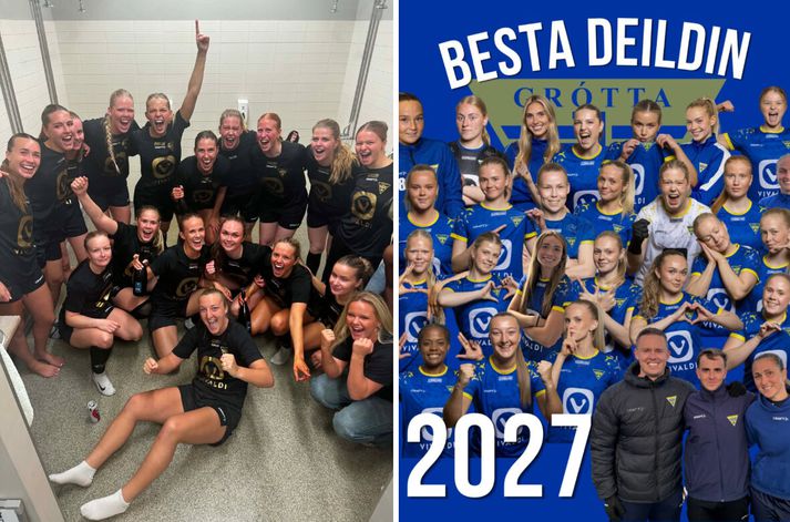 Gróttukonur fögnuðu vel og innilega eftir að hafa tryggt sig upp í Bestu deildina í dag.