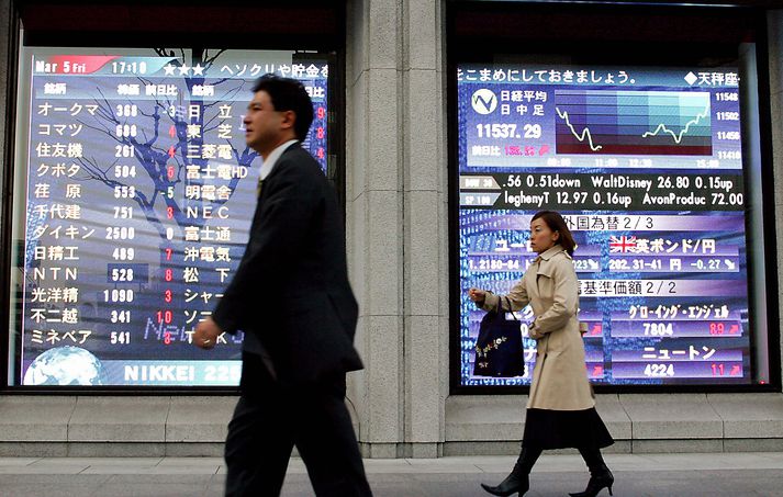 Mesta hækkun varð á japönsku hlutabréfavísitölunni Nikkei í átta ár í dag.