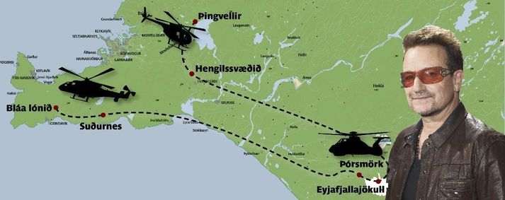 Bono fór víða á þeim stutta tíma sem hann dvaldist hér á landi.