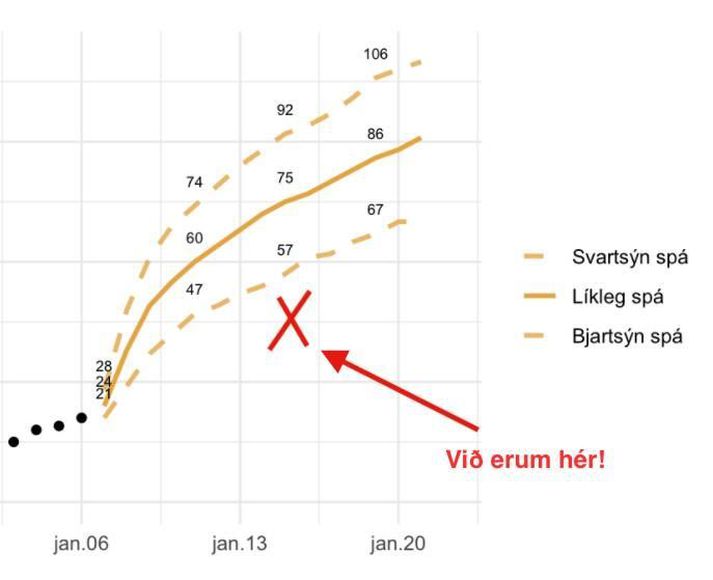 Ragnar birtir þessa mynd af spálíkani Landspítalans með eigin viðbót. Tölurnar tákna innlagnir á Landspítala vegna Covid-19.