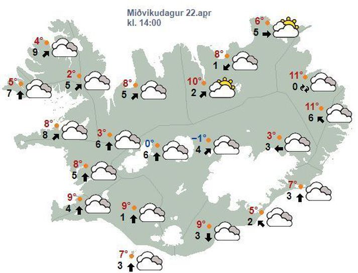 Spákortið Veðurstofunnar fyrir klukkan 14 eins og það leit út klukkan sjö í morgun.