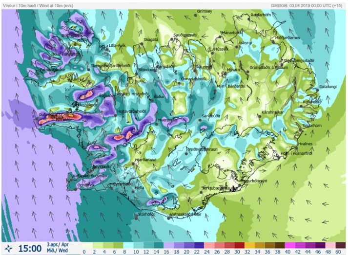 Svona leit vindaspáin síðdegis á landinu út í morgun.