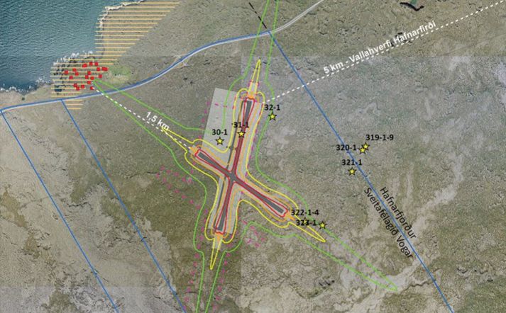 Ein hugmynd að legu flugbrauta í Hvassahrauni.