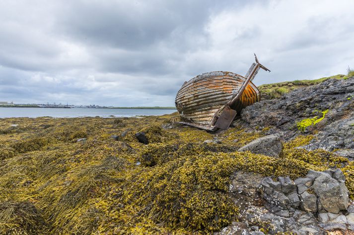 Þegar gengið er yfir eiðið á Geldinganesi blasir við þetta yfirgefna skipsflak sem gaman er að skoða og príla í.