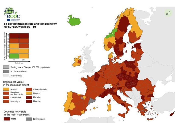 Sóttvarnastofnun Evrópu birti uppfært kort í gær.
