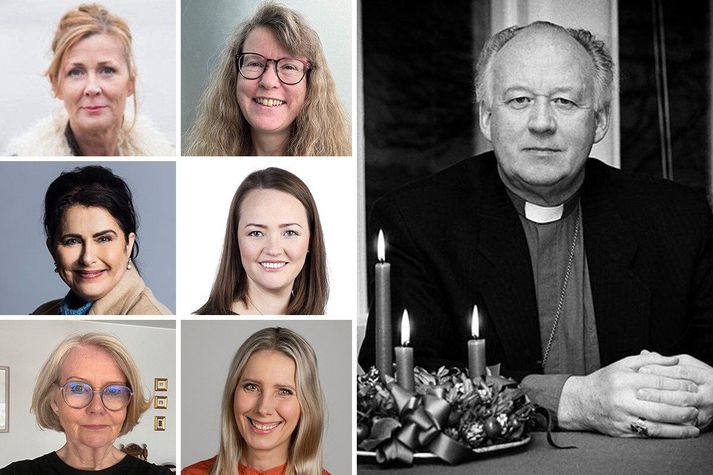 Gabríela Bryndís Ernudóttir, Guðrún Ebba Ólafsdóttir, Dr. Anna Ragna Fossberg, Aldís Schram, Jenný Kristín Valberg og Elín Hirst taka til máls á málþingi um mál Ólafs Skúlasonar biskups.