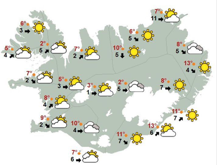 Svona verður um að litast á landinu í hádeginu í dag.