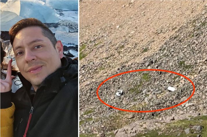 Jonathan er með margra ára reynslu sem bílstjóri í ferðaþjónustunni. Hægra megin má sjá flak bílsins eftir að hafa oltið niður brekkuna. 