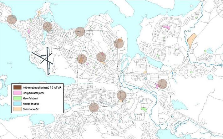 Að meðtaldri vínbúð Seltirninga á Eiðistorgi eru átta vínbúðir í göngufæri fyrir samtals 3.500 Reykvíkinga sem svarar til 2,9 prósenta af öllum borgarbúum.