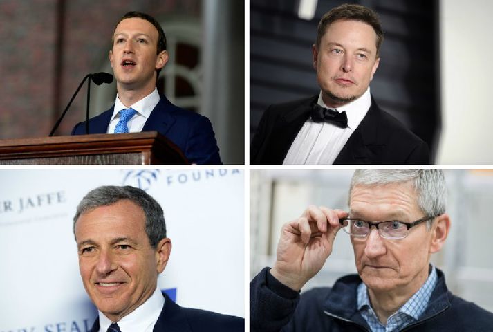 Mark Zuckerberg, Elon Musk, Robert A. Iger og Tim Cook.