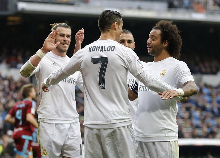 Ronaldo fagnar fyrra marki sínu í dag.