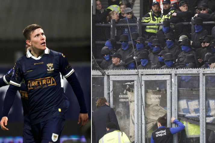 Alfons Sampsted er leikmaður GA Eagles sem ætti að vera keppa við PEC Zwolle þessa stundina en stuðningsmenn gestaliðsins eru að valda ringulreið