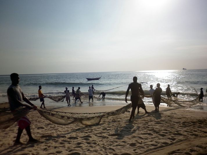 Sjómenn í Síerra Leóne gera veiðarfærin klár. Í fjarska sést í erlendan togara á veiðum. MYND: Birta Ólafsdóttir
