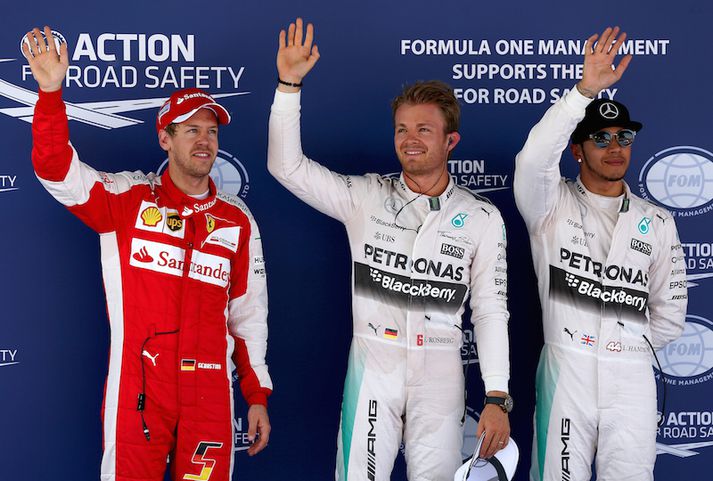 Efstu menn dagsins: Vettel, Rosberg og Hamilton.
