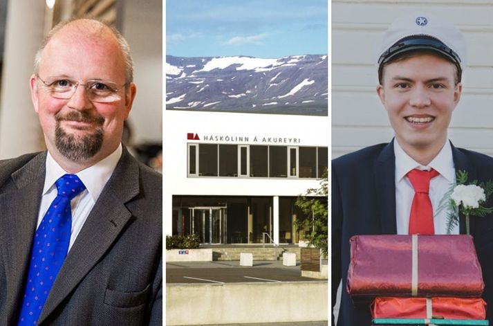 Eyjólfur Guðmundsson rektor Háskólans á Akureyri sést til vinstri á mynd. Lengst til hægri er Davíð Atli Gunnarsson, dúx útskriftarárgangs Framhaldsskólans á Húsavík í fyrra.