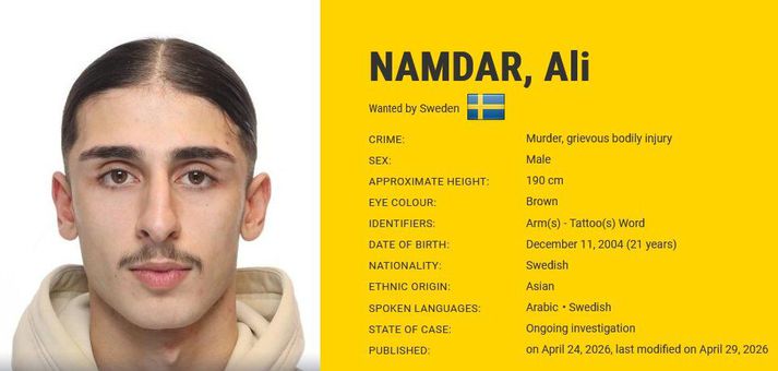 Europol og Interpol hafa lýst eftir Ali Namdar frá því í vor. Hann er grunaður um að sklipuleggja hrinu ofbeldisverka á Norðurlöndunum.