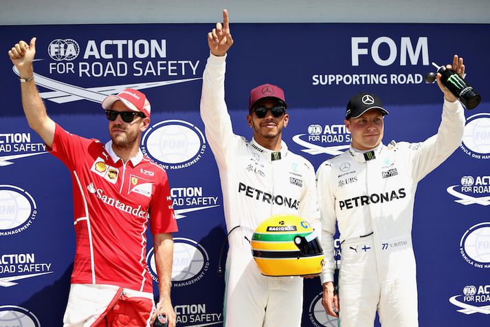 Sebastian Vettel, Lewis Hamilton og Valtteri Bottas, þrír hröðustu menn dagsins.