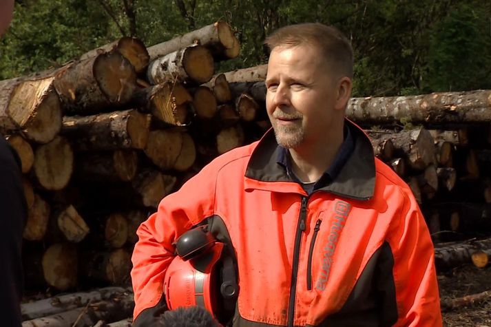 Sævar Hreiðarsson er skógarvörður í Heiðmörk. Fyrir aftan má timburstafla úr skóginum.