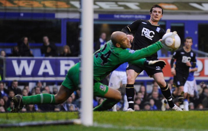 Barry Ferguson skorar fyrir Birmingham gegn Everton.