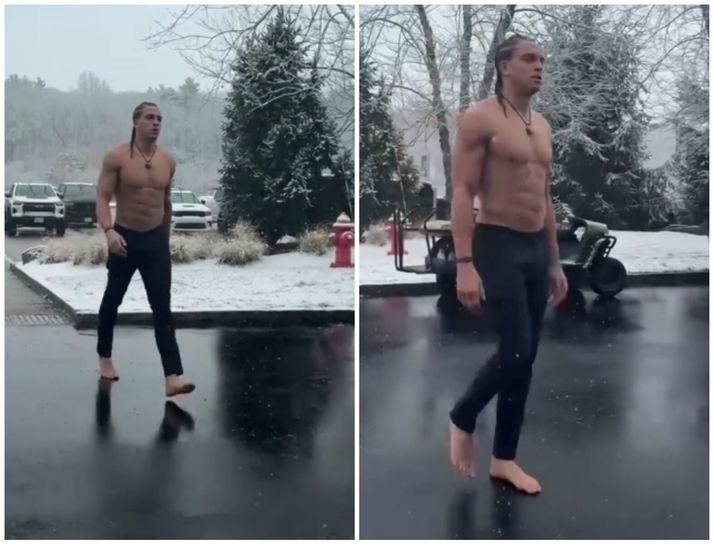 Útherjinn Mack Hollins hjá New England Patriots mætti svona til leiks í kuldanum í New England í dag.